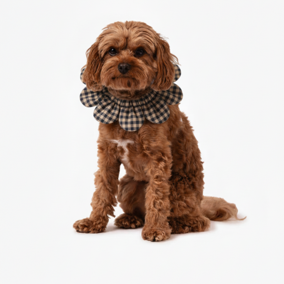 PawBow Flower Dog Collar (Navy Gingham) — Patili Dostunuz İçin Yakalık - El Yapımı Aksesuar | Rosano Studio